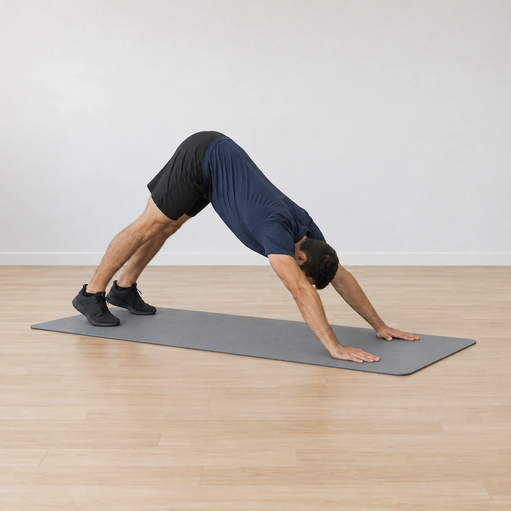 He holds the downward-facing dog, his body folded at the hips into a clear inverted-V, the arms extended in line with the spine, the head between his shoulders, his legs straight and his heels pressing toward the mat.