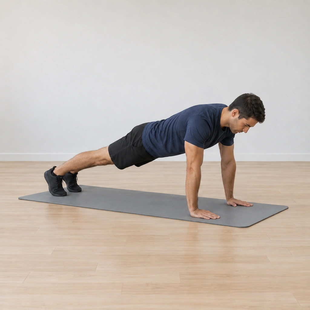 He is travelling forward out of the pose, his hips lowering back over his feet toward the plank, the arms still extended and the body re-lengthening into one straight line.
