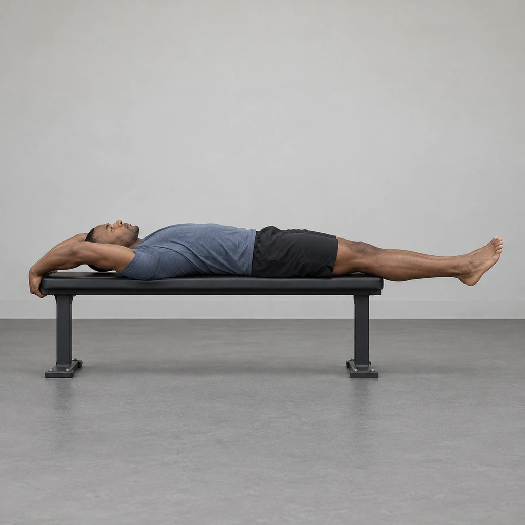 A man lying flat on his back on a bench, arms overhead gripping the bench edges beside his head.