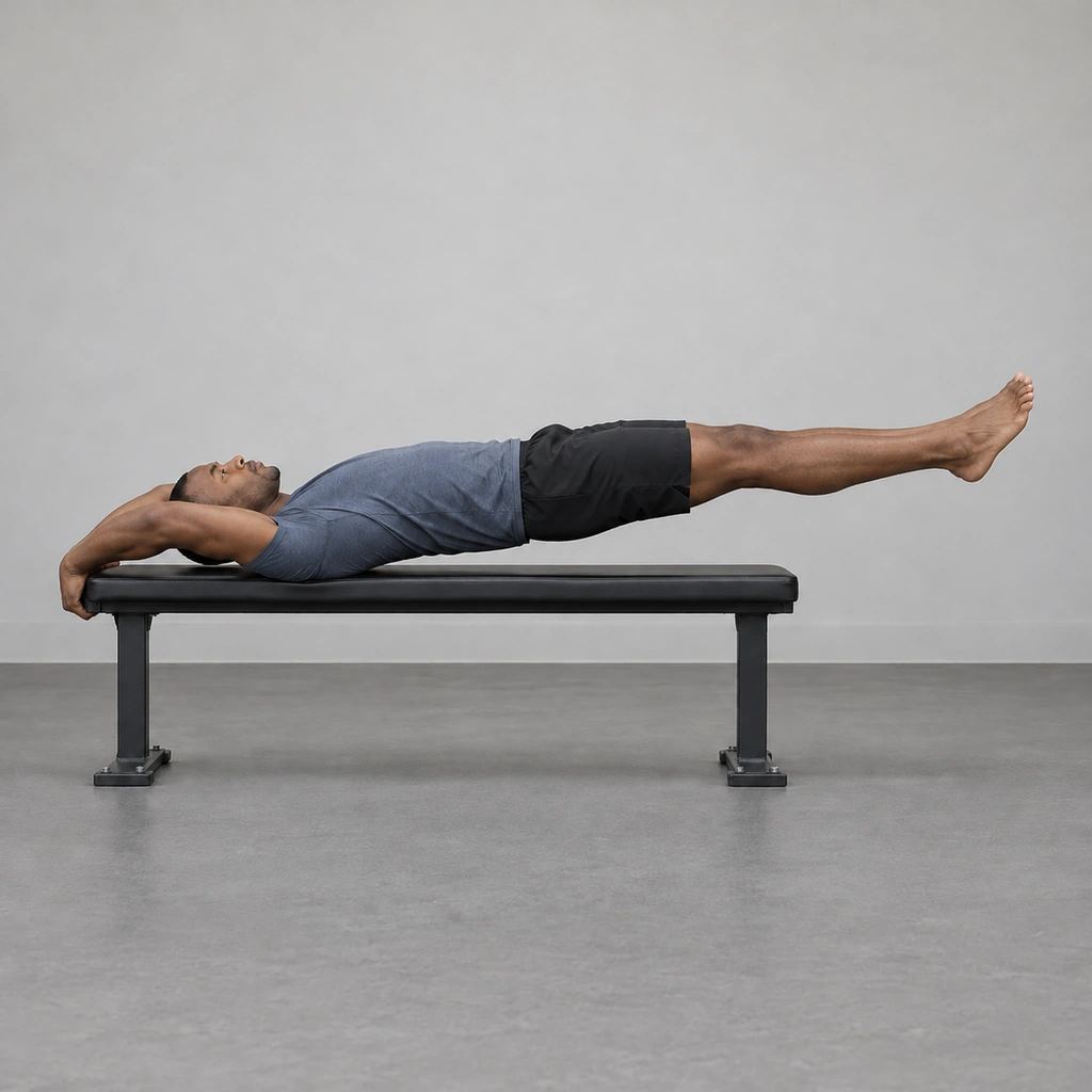 A man on a bench lowering his body as one straight line, mid-descent, supported on the upper back.