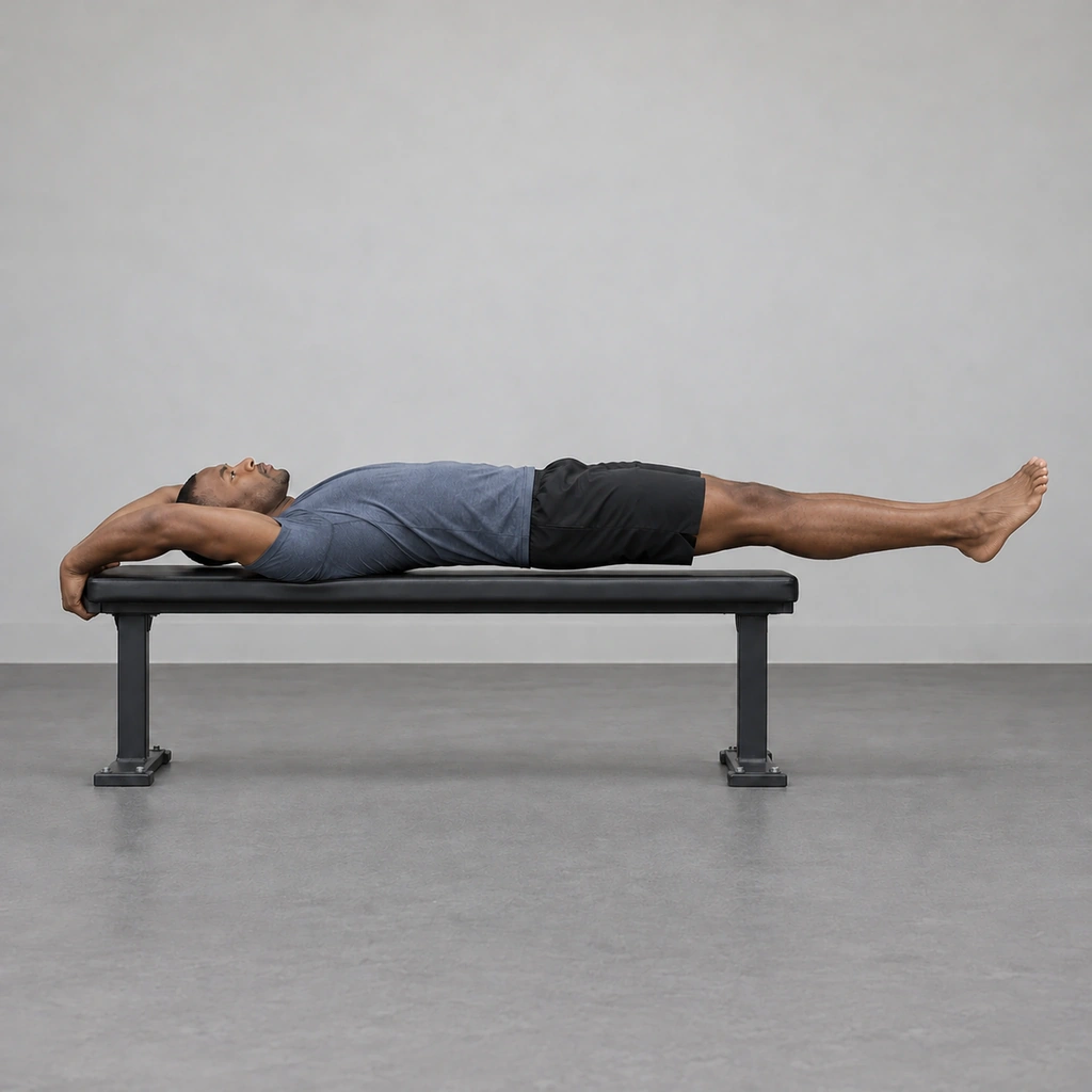 A man on a bench with his body lowered nearly flat, glutes hovering just above the bench, body still a straight line.