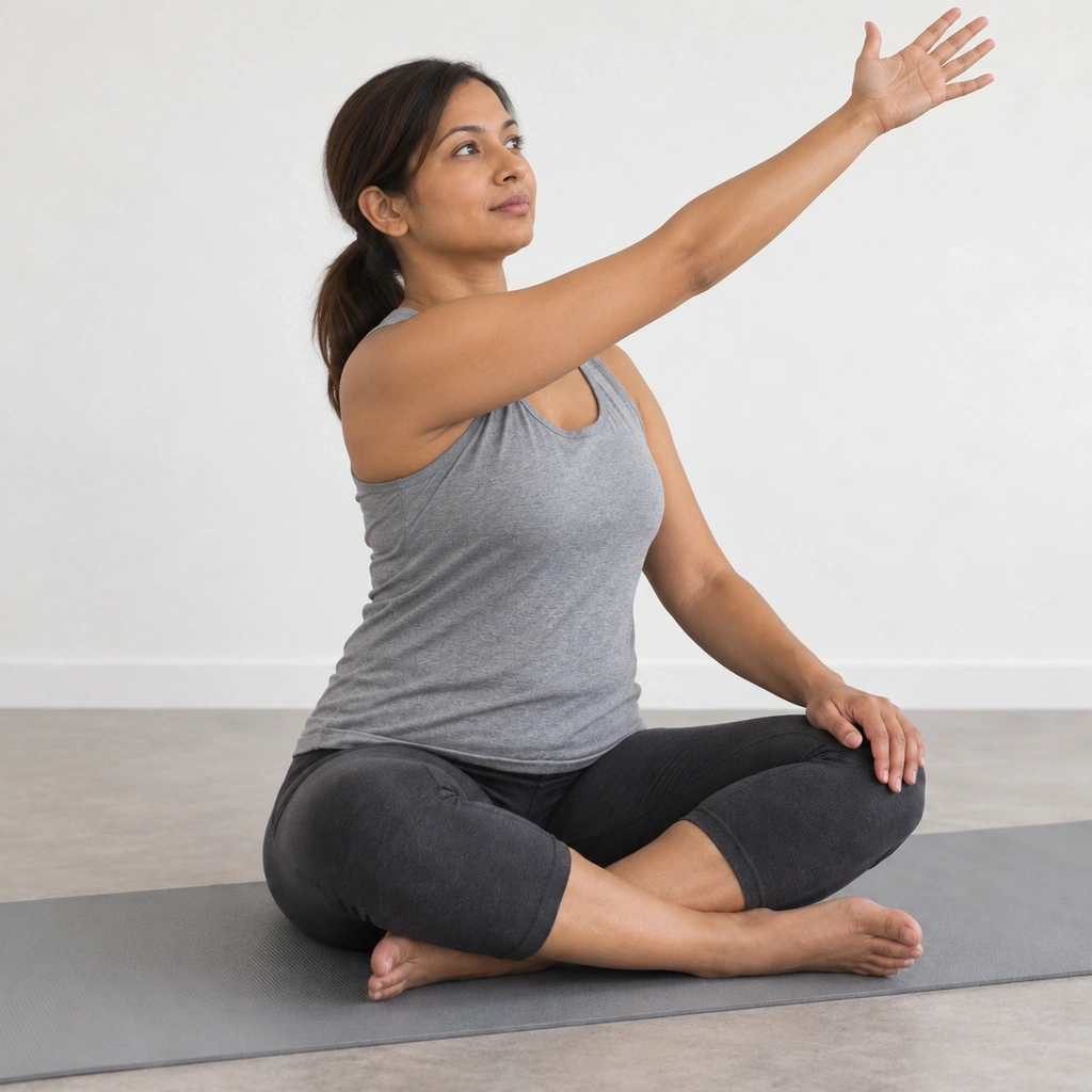 The same woman with her right arm fully extended diagonally up and open across her body, reaching into the air above her left shoulder, her trunk rotated left to follow it.