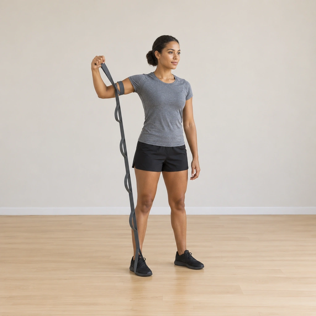 Dual Vector Reverse Throw With the Consecutive-Loop Elastic Band - Step 1: Place your foot in the middle loop, wrap the last loop around your upper arm and grasp the other end.