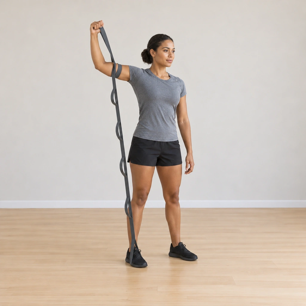 Her right hand has been lifted upward and outward so her right elbow is high and her hand sits behind and above her right shoulder in the cocked-throw position, the band stretched from her planted foot up her arm, her trunk slightly rotated toward it.