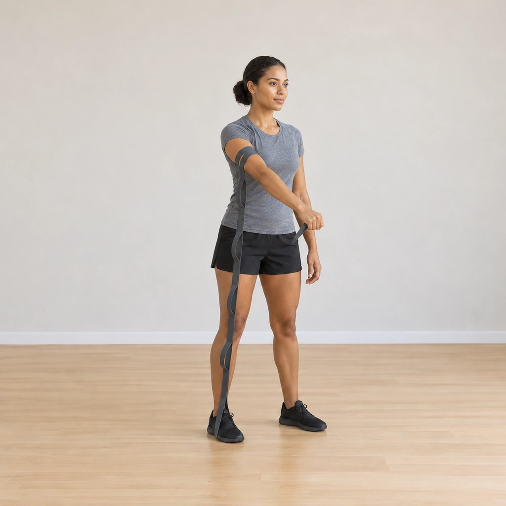 Her right arm is mid-diagonal, sweeping slowly down across the front of her body toward her left hip - the throw path - the band resisting the sweep from both the foot anchor and the arm wrap, her trunk rotating slightly with it.