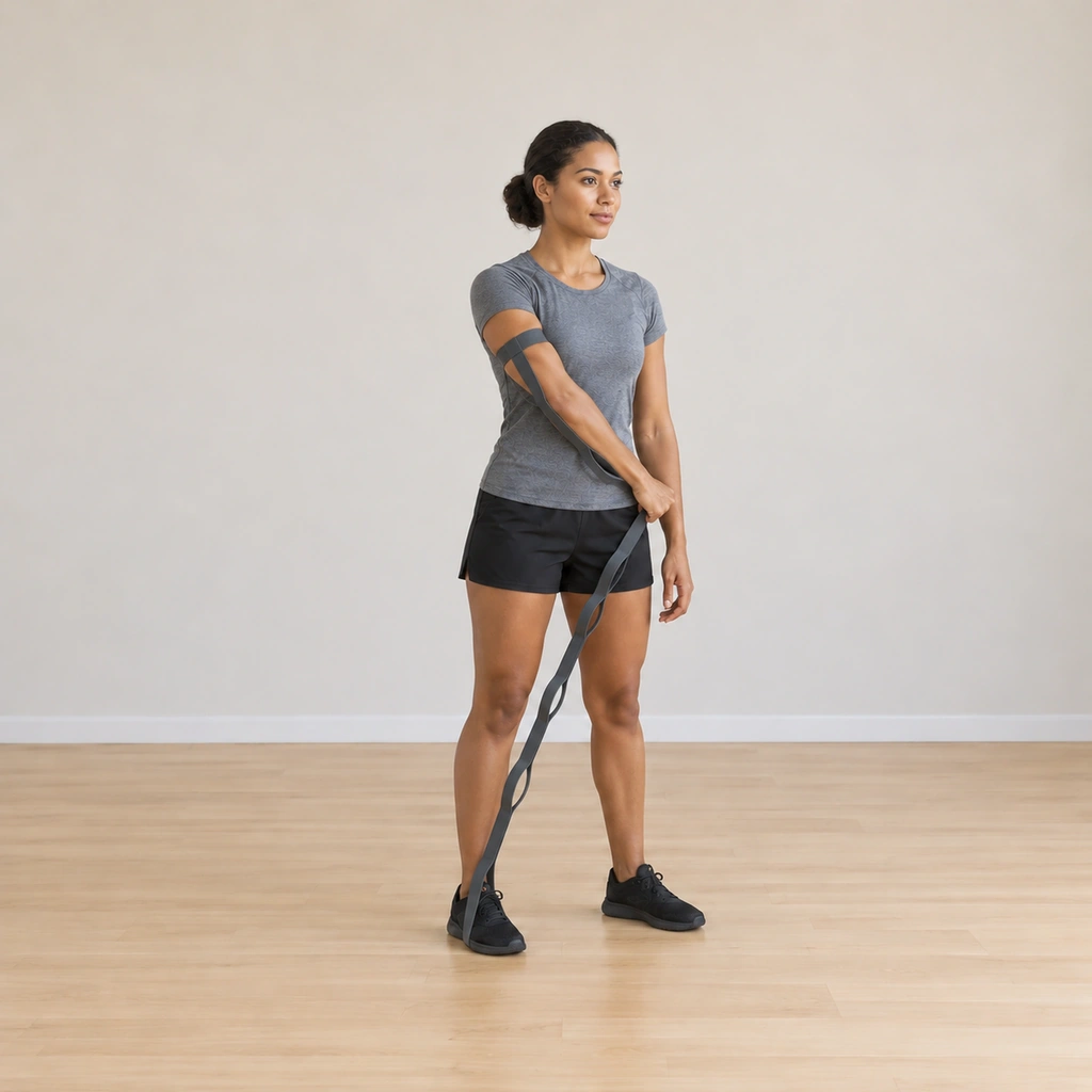 Her right arm has completed the diagonal so her right hand now sits across at her left hip, the band fully drawn between her foot and her arm, her trunk rotated a little toward the left, her head up - the finished deceleration held.