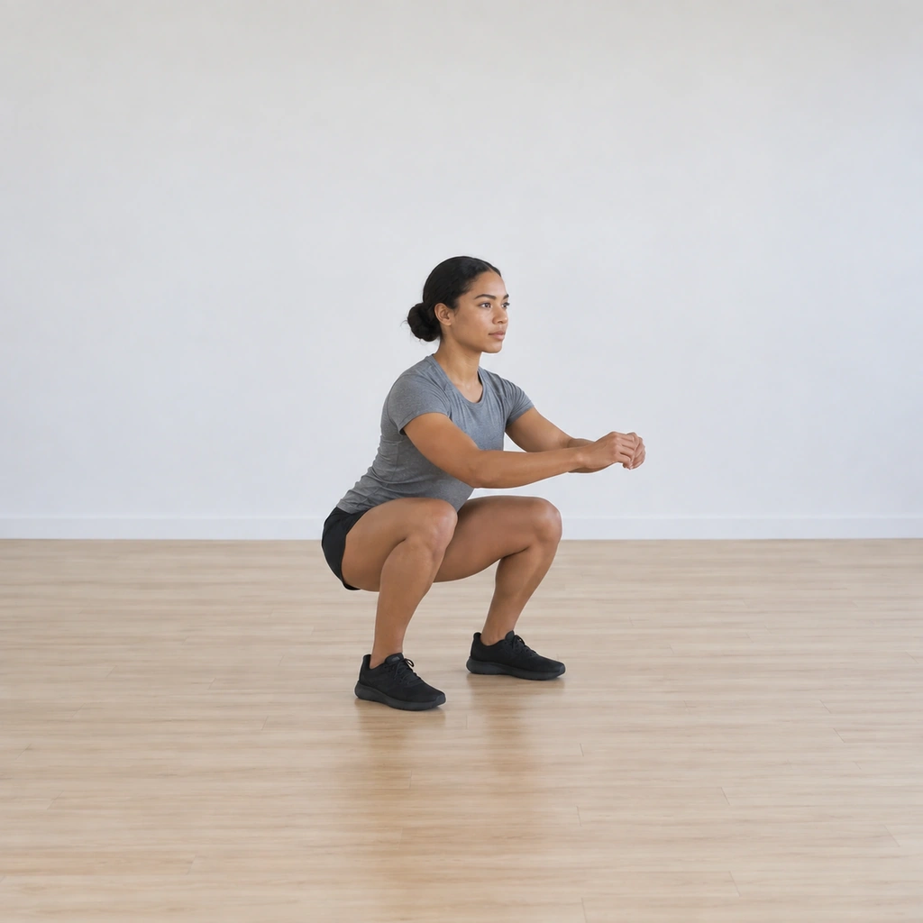 She has lowered into a deep squat, hips down low near her heels, chest upright, ready to step forward.