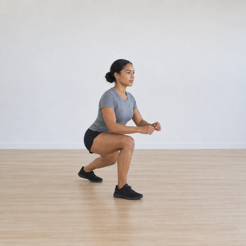 She is stepping forward in the deep squat, hips held low, chest upright, the low steps carrying her ahead.