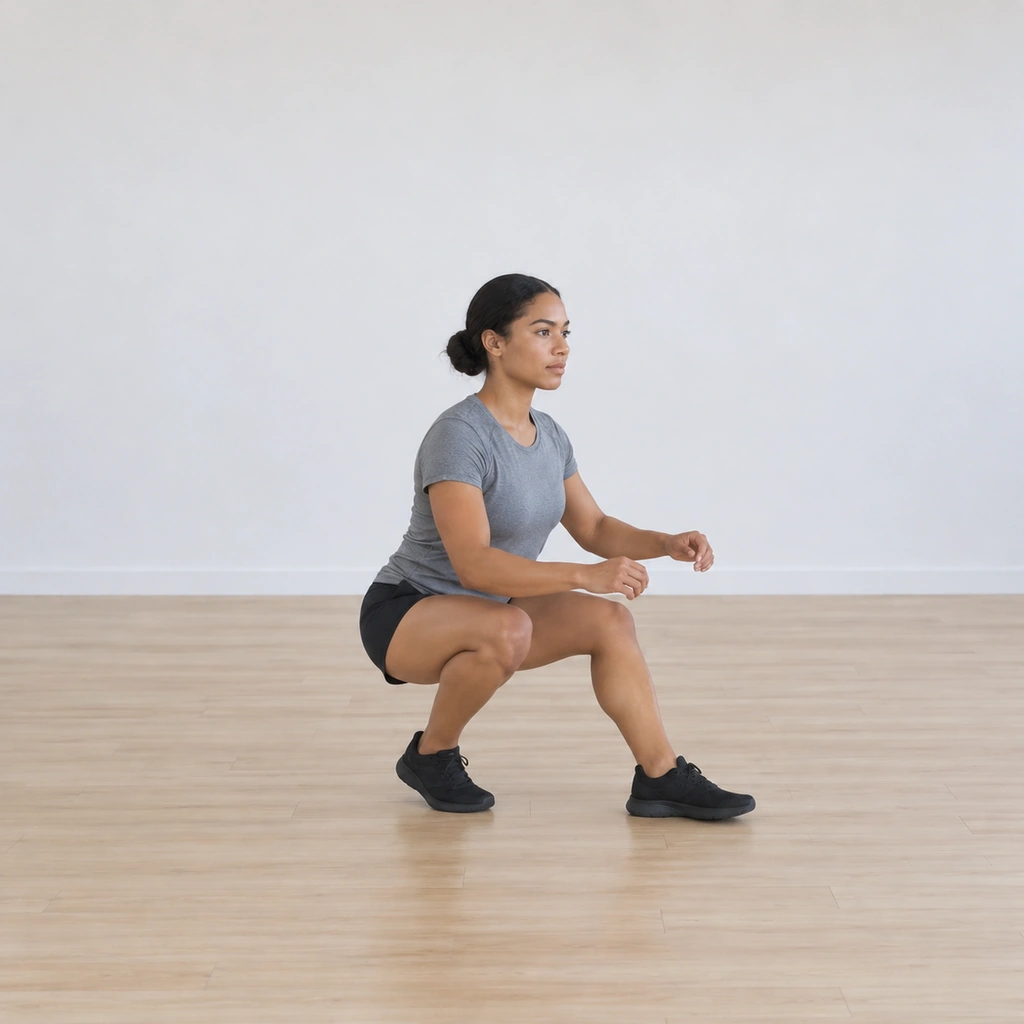 She continues the low forward walk along the track, the squat depth unbroken, chest upright through the steps.