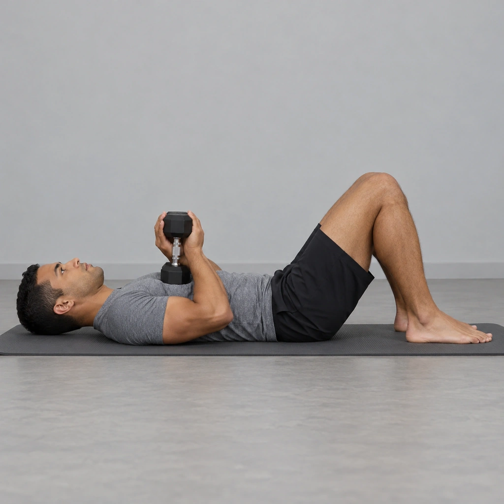 A man lying on his back on a mat, knees bent, feet flat, holding one dumbbell upright against his chest in both hands.