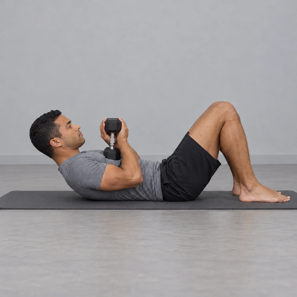 The same man with his head and shoulder blades lifted off the mat, lower back and hips still down, feet flat, the dumbbell still held upright against his chest.