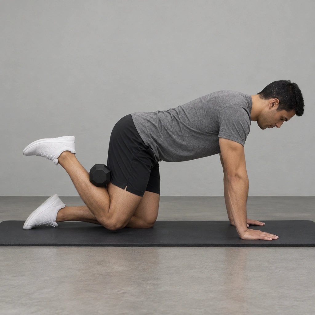 A man on his hands and knees on a mat, a dumbbell trapped behind the bent knee of his right leg.