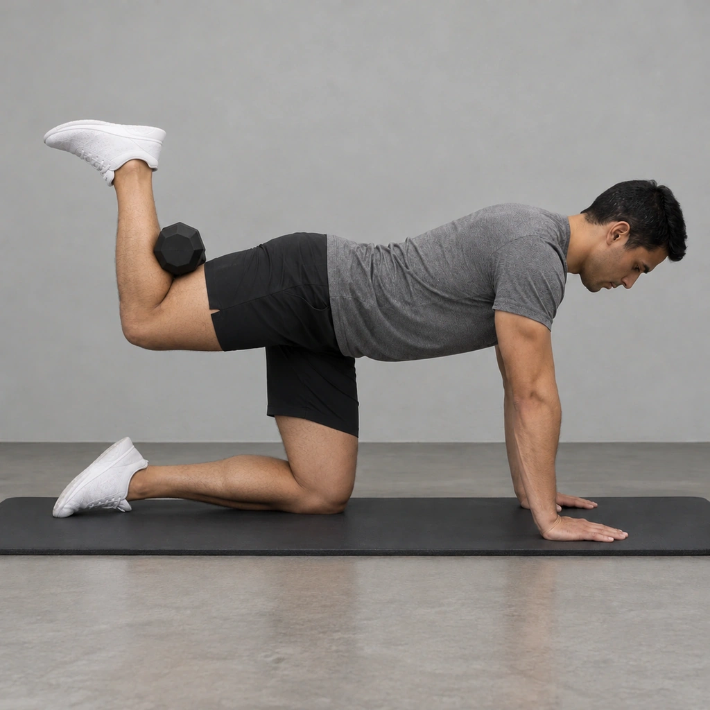 The same man, his right thigh now raised until it lines up with his back, the dumbbell still trapped behind his bent knee.