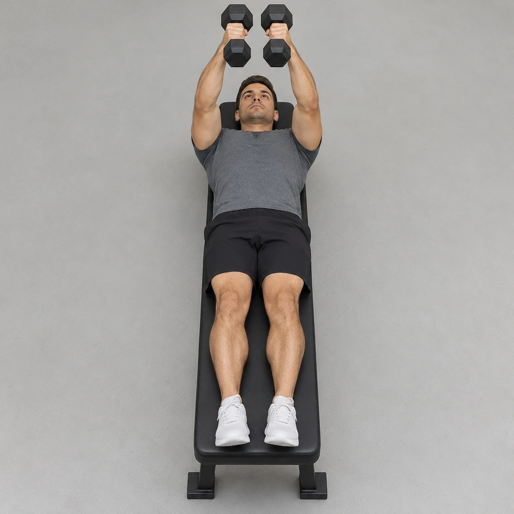 A man lying on his back on a bench, holding a dumbbell in each hand together above his chest, elbows slightly bent.