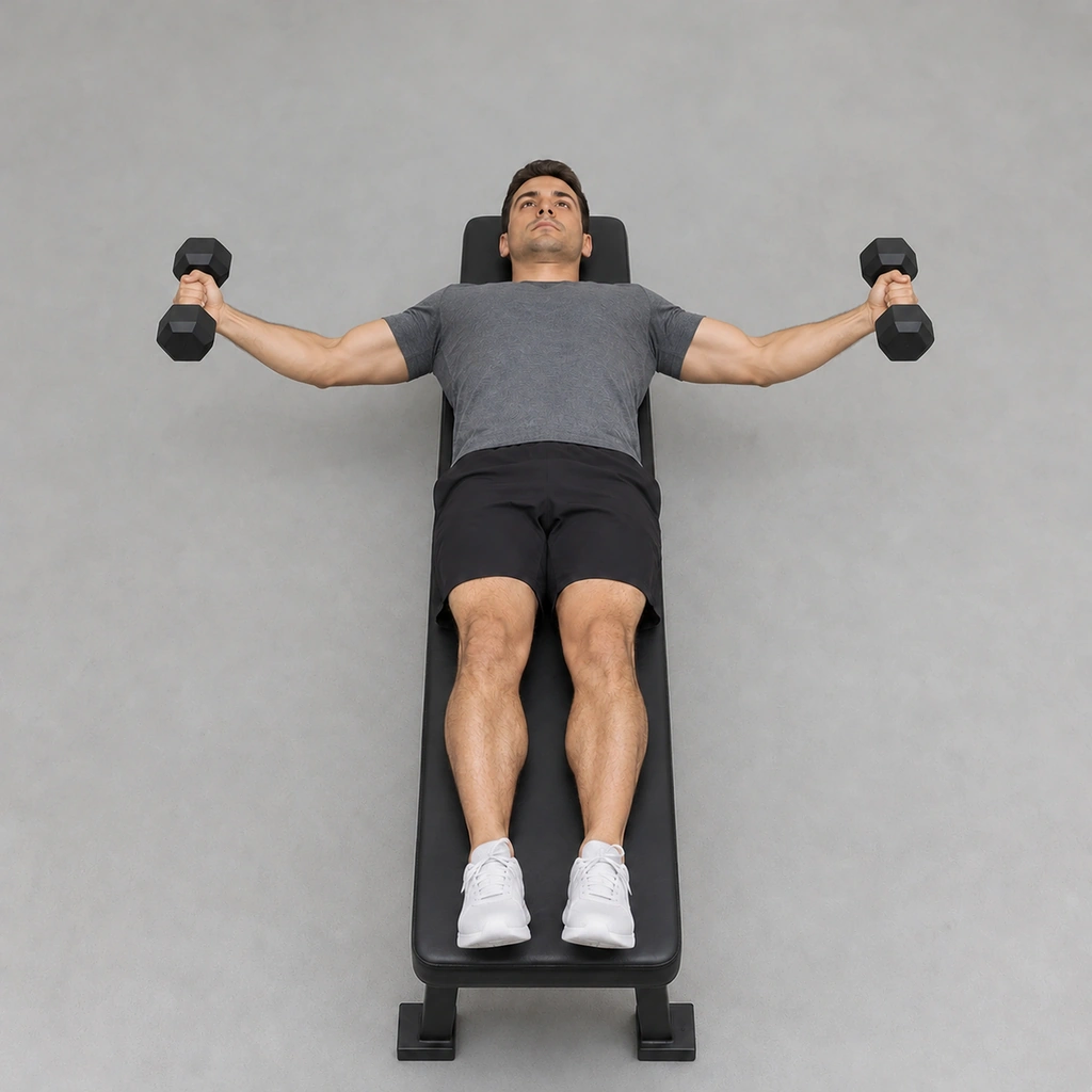 The same man, both arms now swept out to the sides in a wide arc, a dumbbell in each hand, chest stretched open.