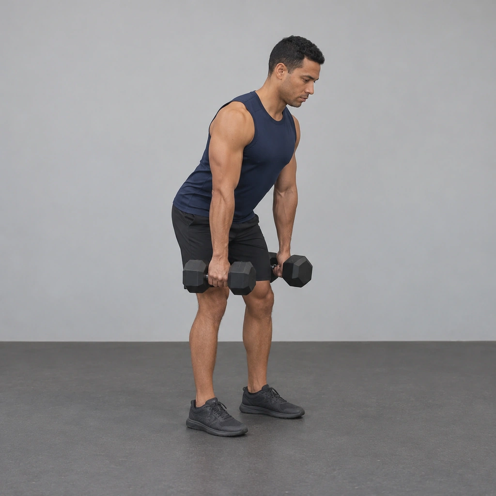 A man hinged forward with a dumbbell in each hand hanging at mid-thigh.
