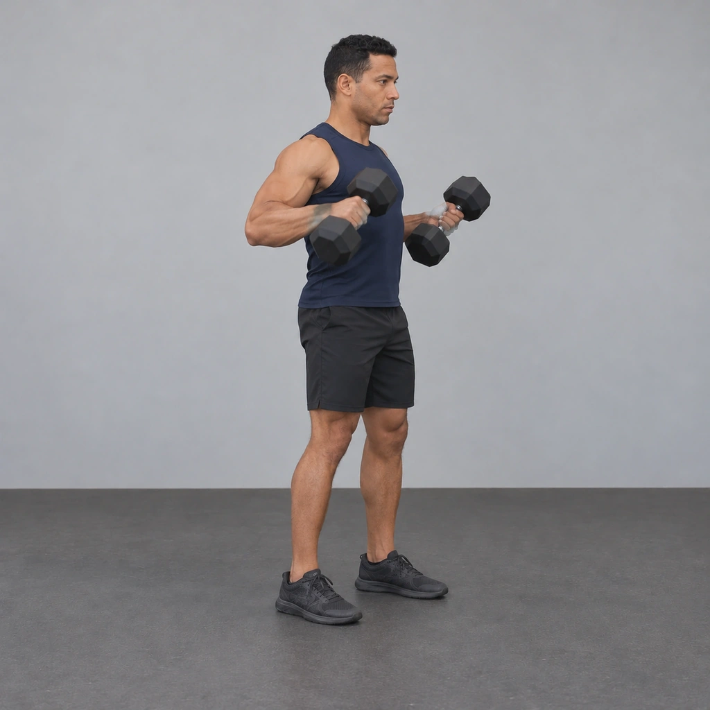 The same man rising to standing with both dumbbells lifted in front of his lower ribs.