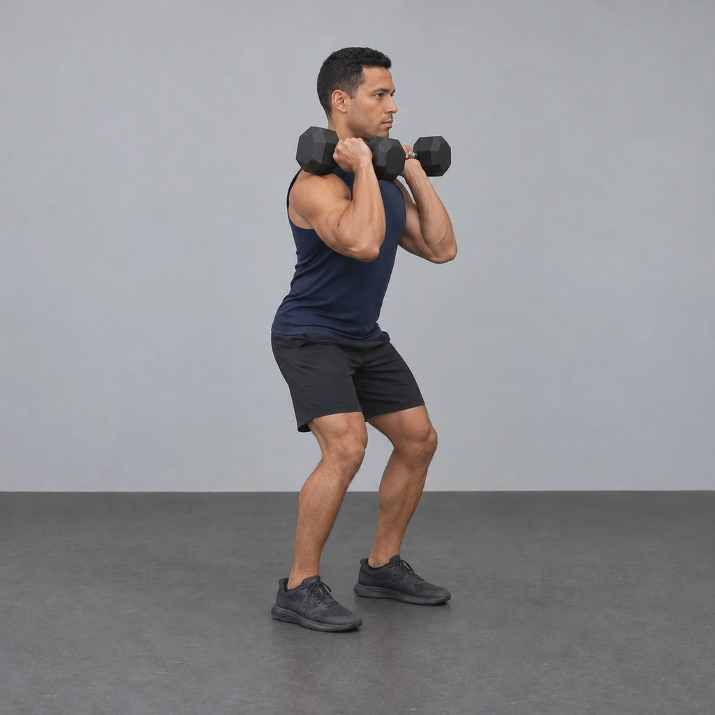 The same man with a dumbbell on each front shoulder and his knees slightly bent.