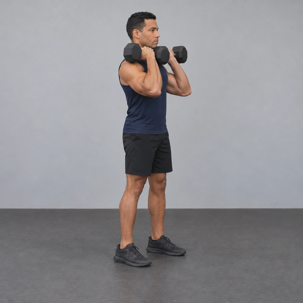 The same man standing fully tall with a dumbbell on each front shoulder.