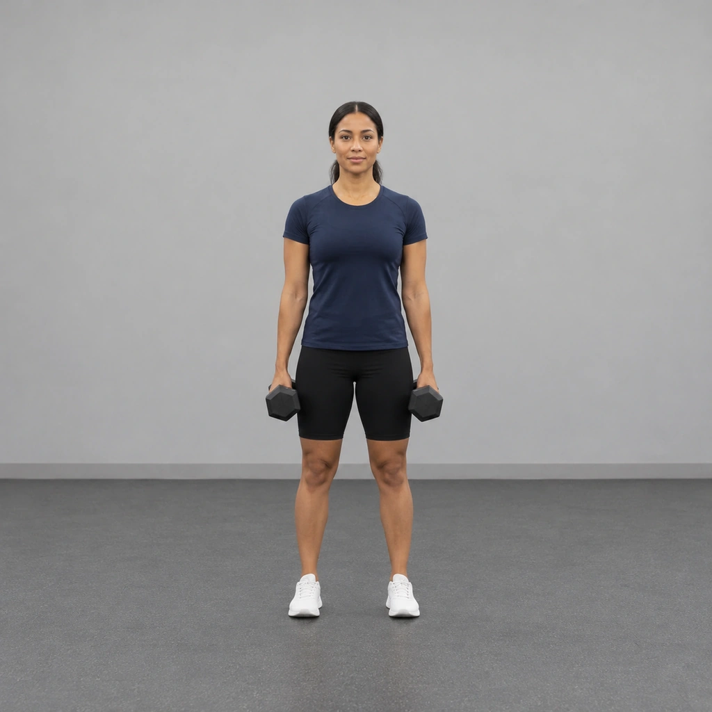 A woman standing in front view with her feet shoulder-width apart, a dumbbell hanging in each hand at her sides.