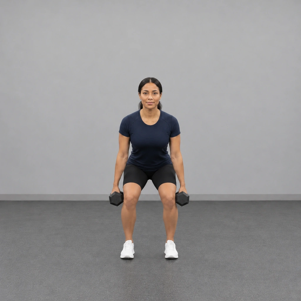 The same woman in a partial squat in front view, knees bent, both dumbbells still hanging at her sides.