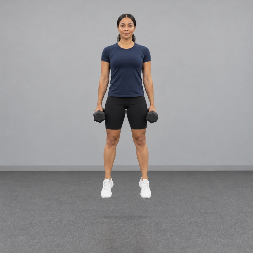 The same woman in the air in front view, both feet off the floor, legs extended and both dumbbells still hanging at her sides.