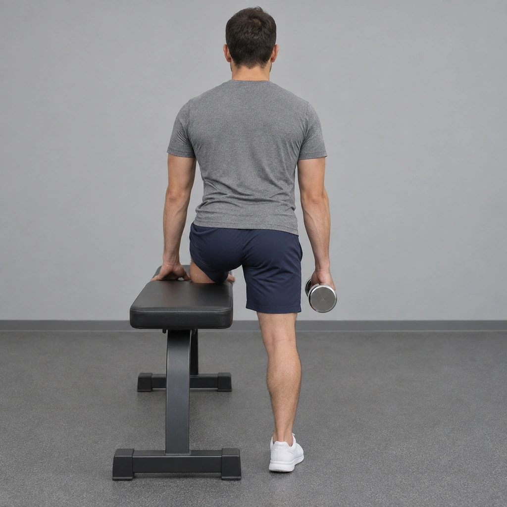 A man half-kneeling on a bench, left knee and hand supported, right foot on the floor, right arm hanging straight down holding a dumbbell.