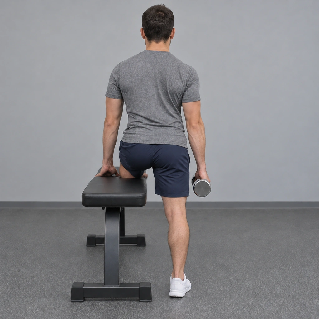 The same man, right scapula now pulled back and down toward his spine, arm still hanging straight with the dumbbell, back staying still.