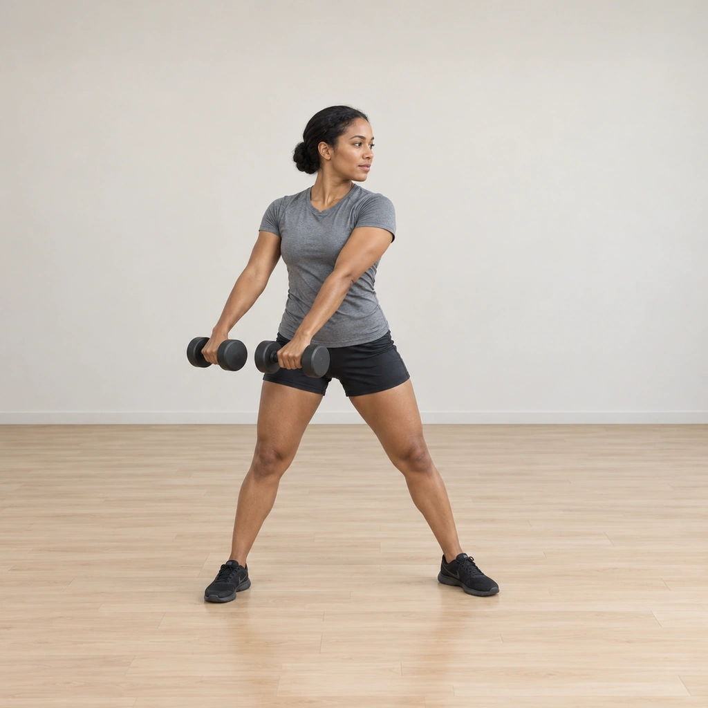 She stands in a wide stance, hips and knees extended; both dumbbells are pulled beside her left hip on straight arms, held parallel to the floor.