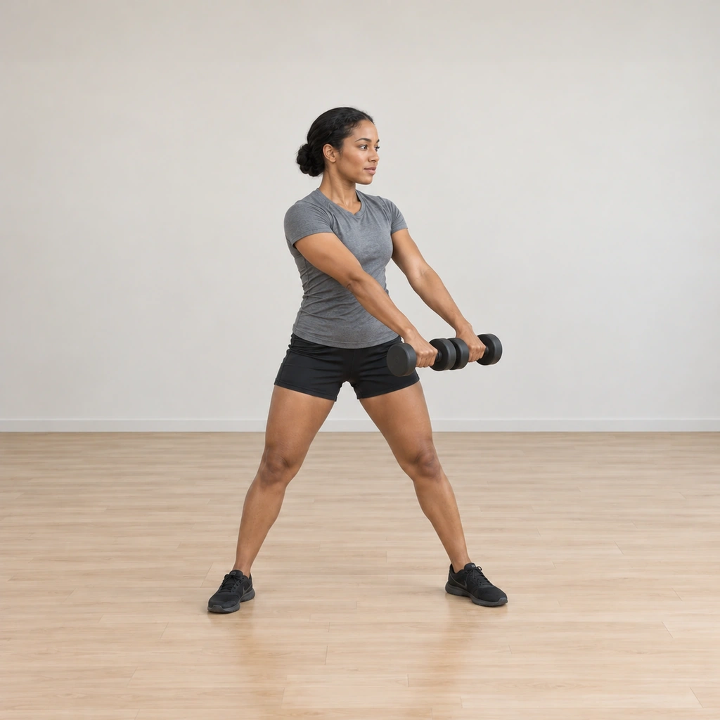 Her torso is rotated toward the midline and both dumbbells travel horizontally across in front of her hips on straight arms, still parallel to the floor.