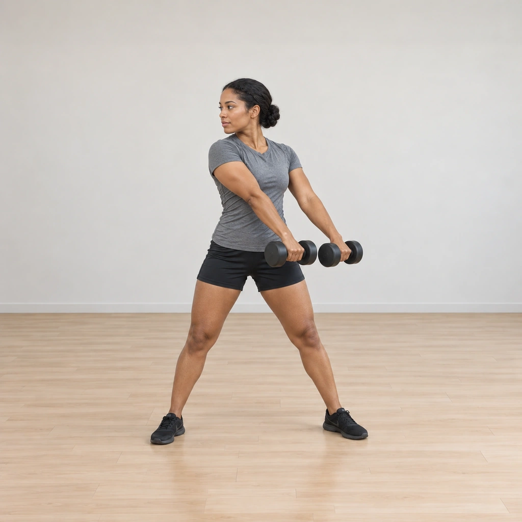 Her torso is rotated fully to the second side and both dumbbells rest beside her right hip on straight arms, still parallel to the floor.