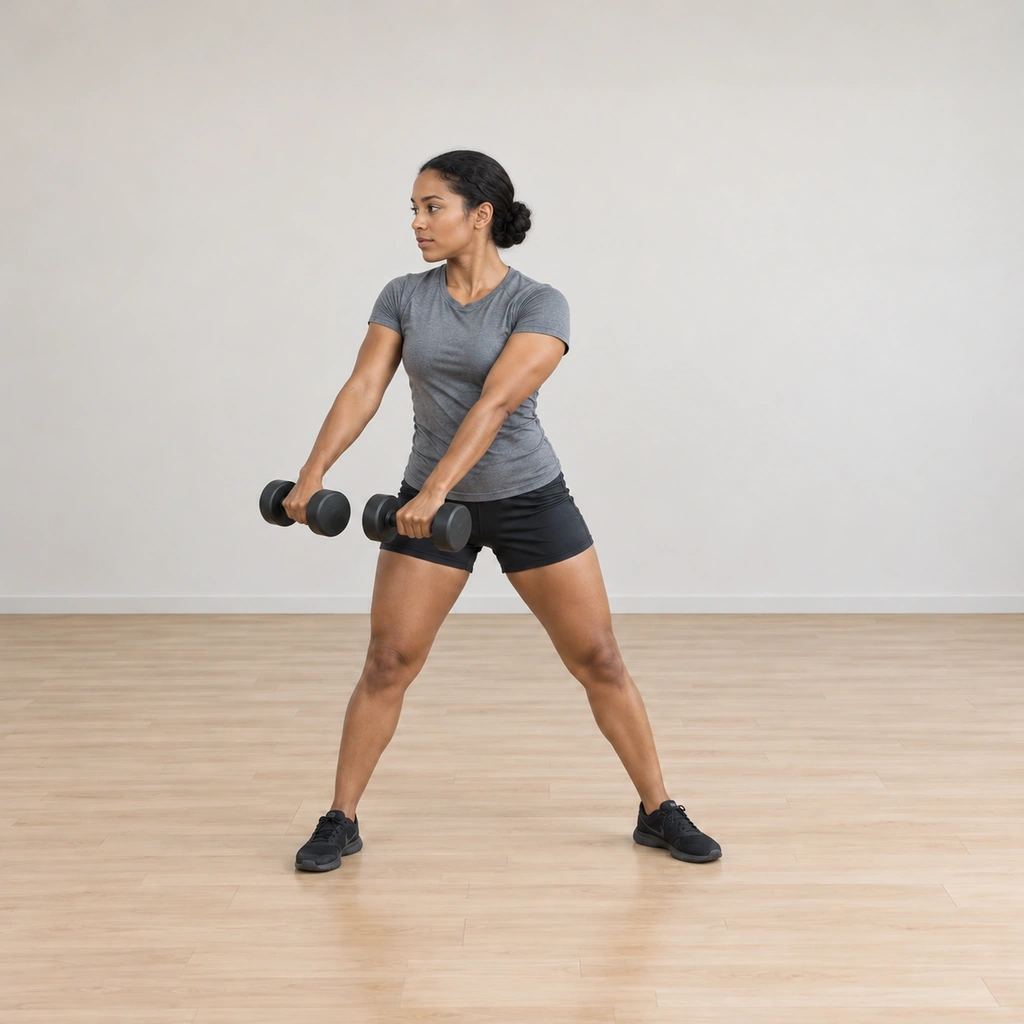 Her torso is unwinding back toward the first side and both dumbbells are travelling horizontally back across her hips on straight arms, still parallel to the floor.