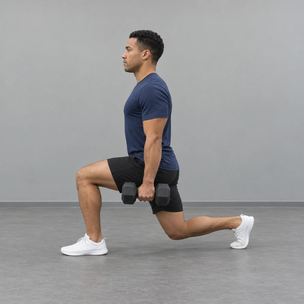 A man in side view in a lunge stance, right foot forward, both knees bent, a dumbbell hanging in each hand at his sides.