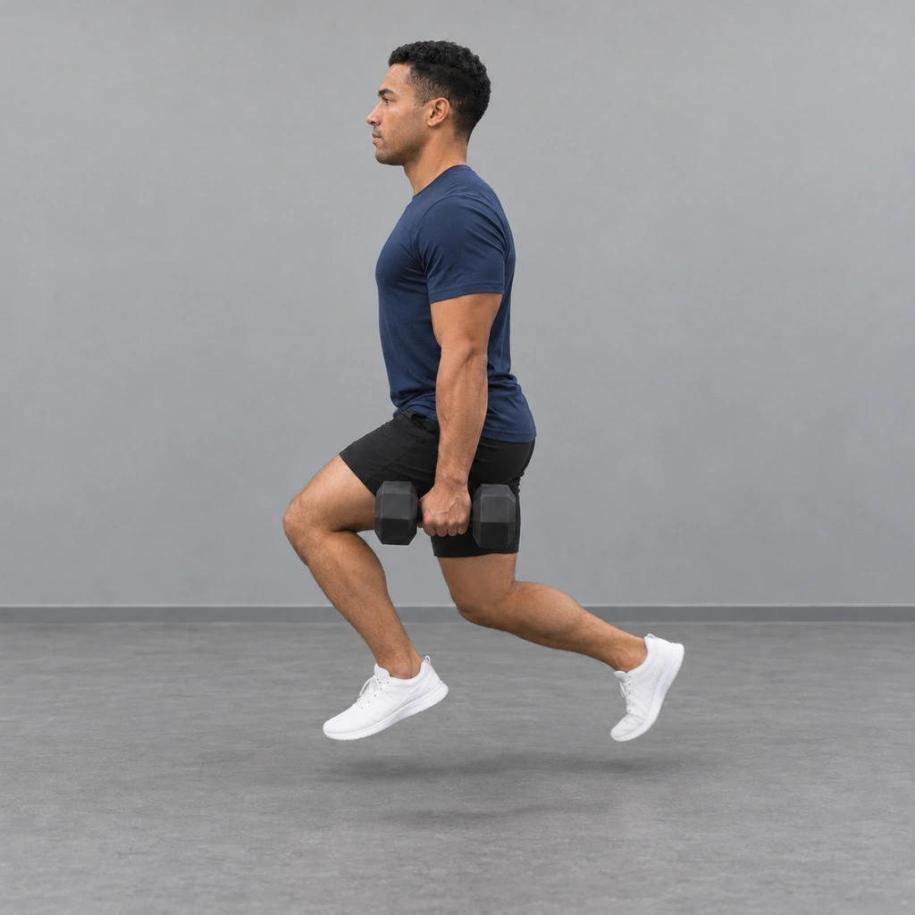 The same man in the air above the same spot, both feet off the floor, his legs passing beside each other, a dumbbell still hanging in each hand at his sides.