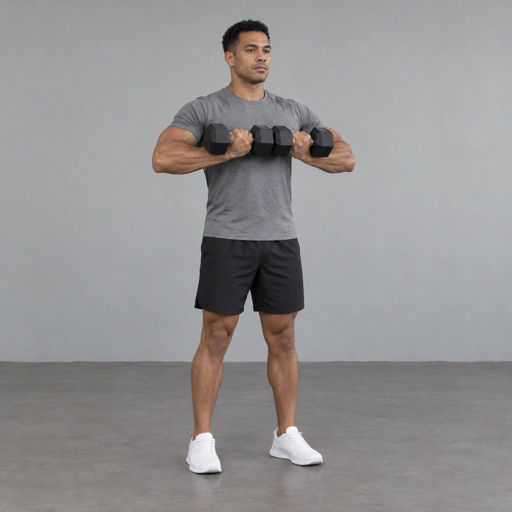 A man standing tall, holding two dumbbells pressed together in front of his chest, elbows bent.