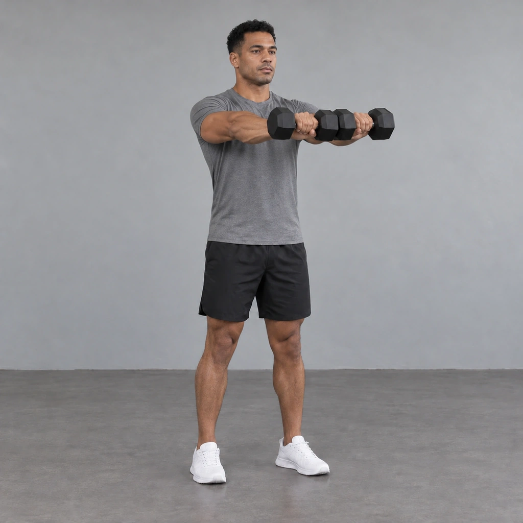 The same man, now with both arms extended straight forward, the two dumbbells still pressed together.