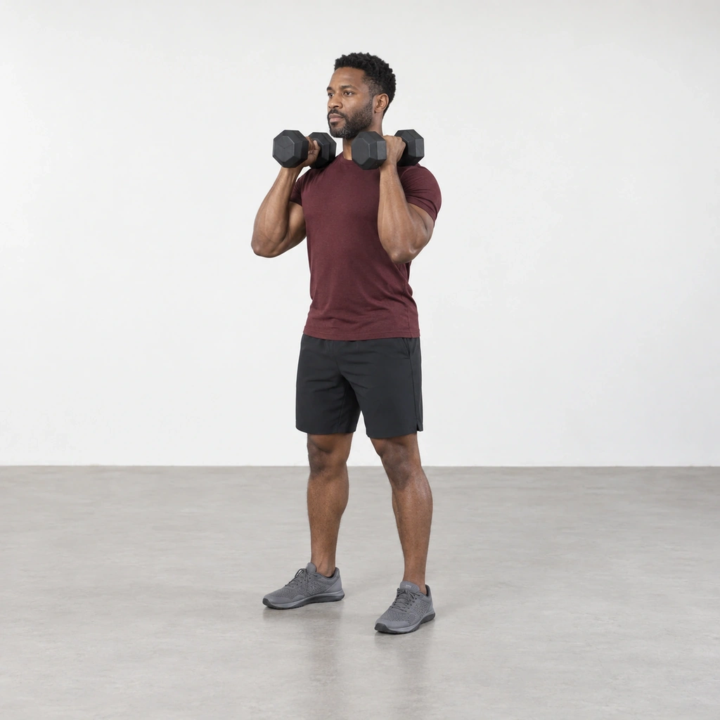 Man standing upright holding a dumbbell at each shoulder with his palms facing each other.