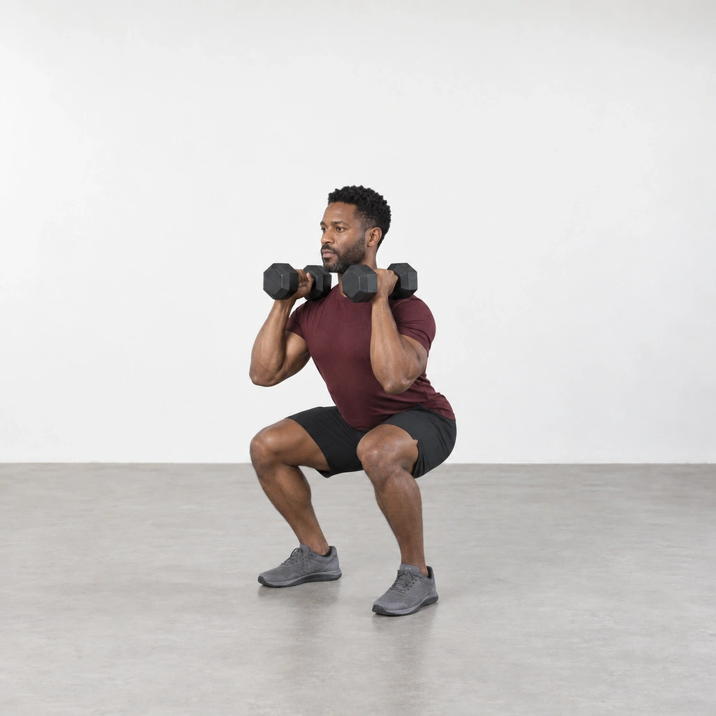 Man in a squat with thighs level with the floor, holding a dumbbell at each shoulder.