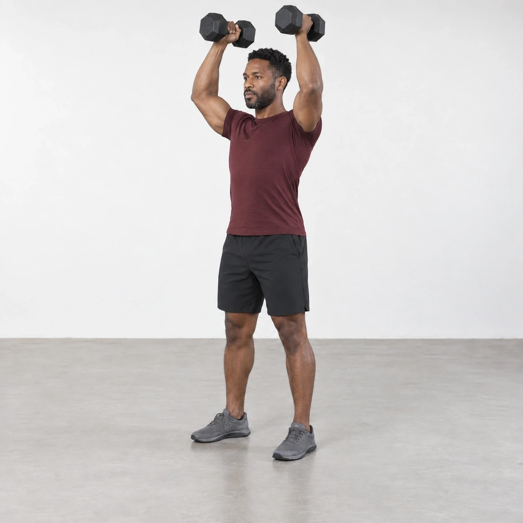 Man rising from a squat with slightly bent knees, pushing two dumbbells up above his head.