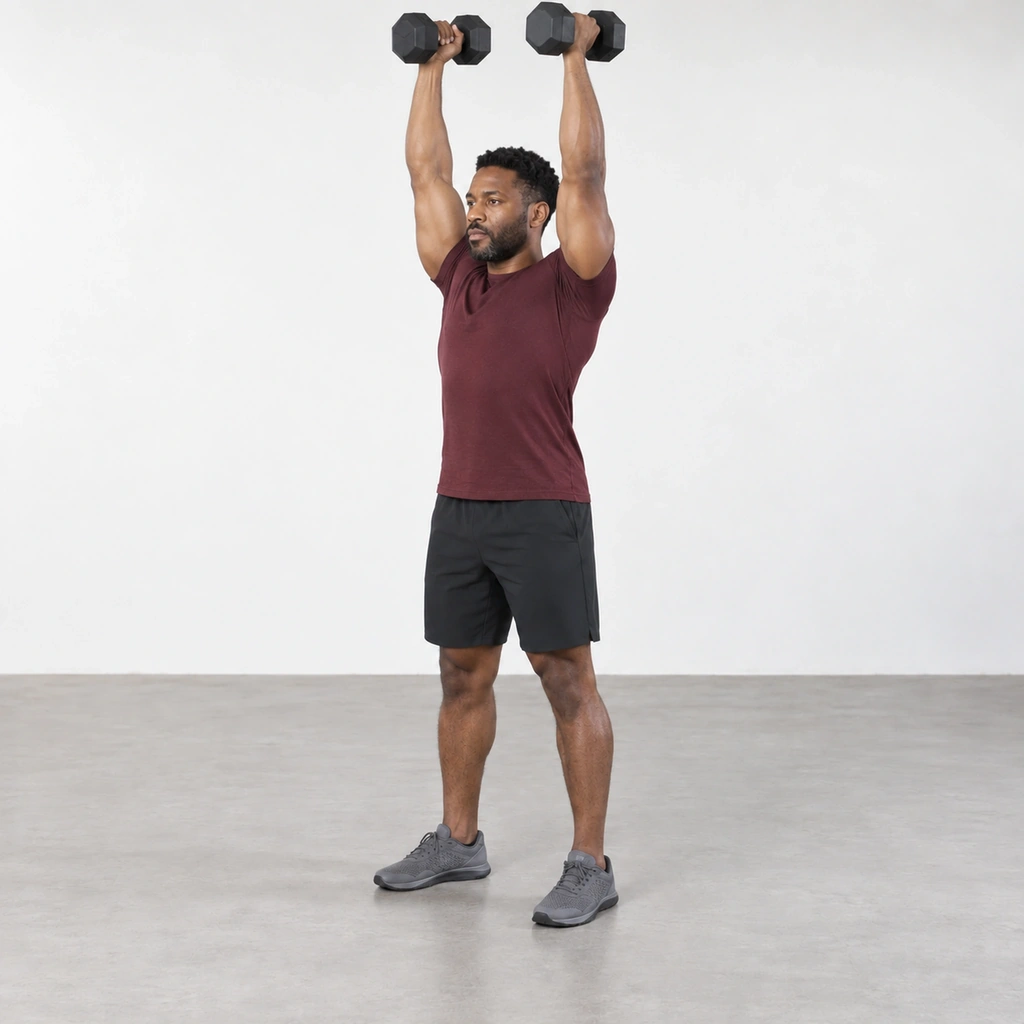 Man standing tall with both arms straight overhead holding a dumbbell in each hand.