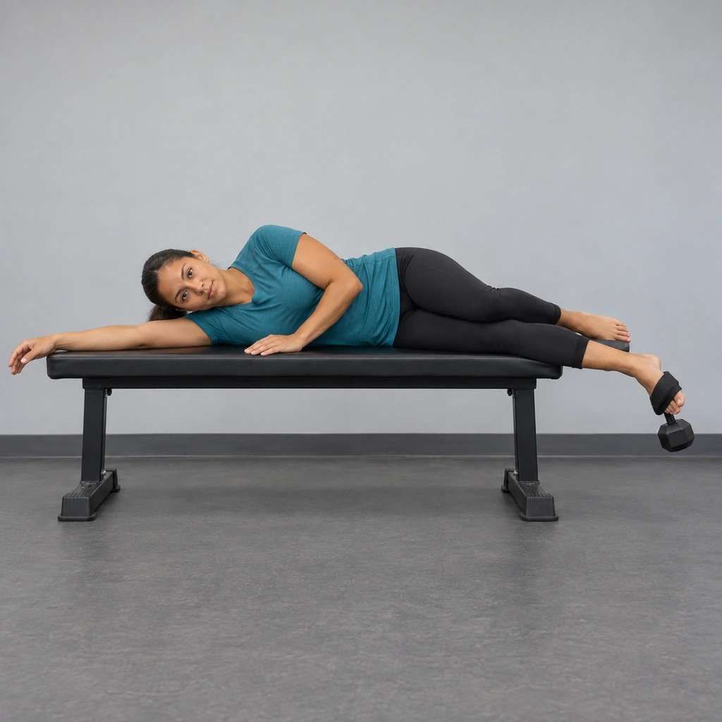 A woman lying on her side on a bench, her shin on the edge, a dumbbell strapped to her foot pulling it down into eversion.