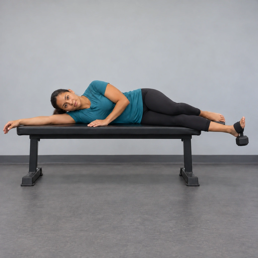 The same woman, still lying on her side with her shin on the bench, now with her foot inverted and the strapped dumbbell lifted toward the ceiling.