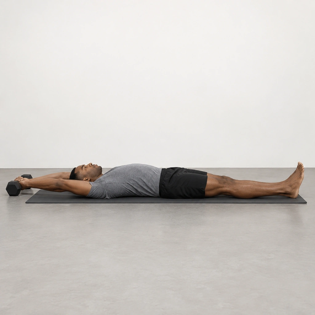 A man lying flat on his back in side view, legs straight, arms extended overhead with both hands on one dumbbell.