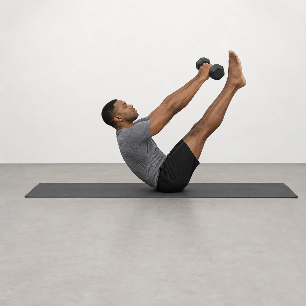 The same man balanced on his hips in a V, straight legs and trunk lifted, both arms reaching the dumbbell toward his toes.