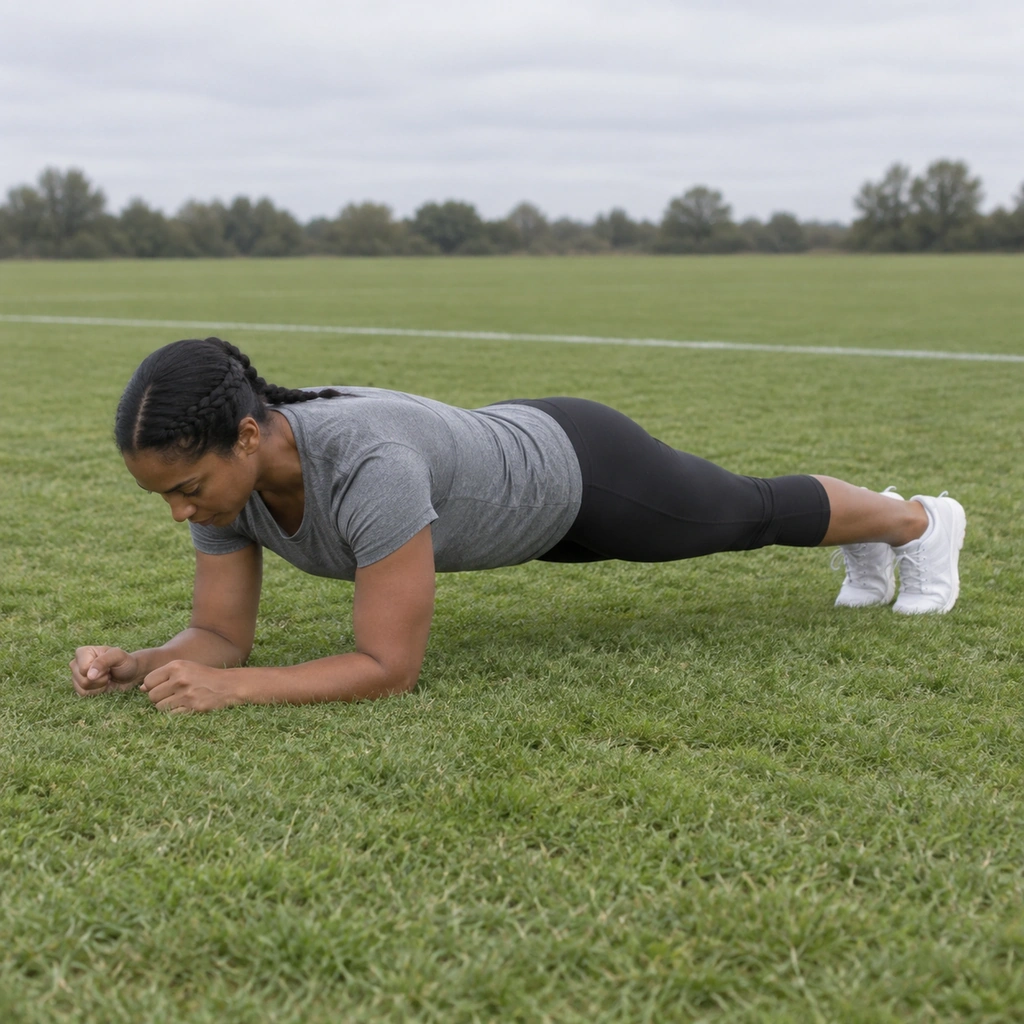 A woman holding a forearm plank face-down on grass, body in a straight line from head to heels, forearms parallel on the ground.