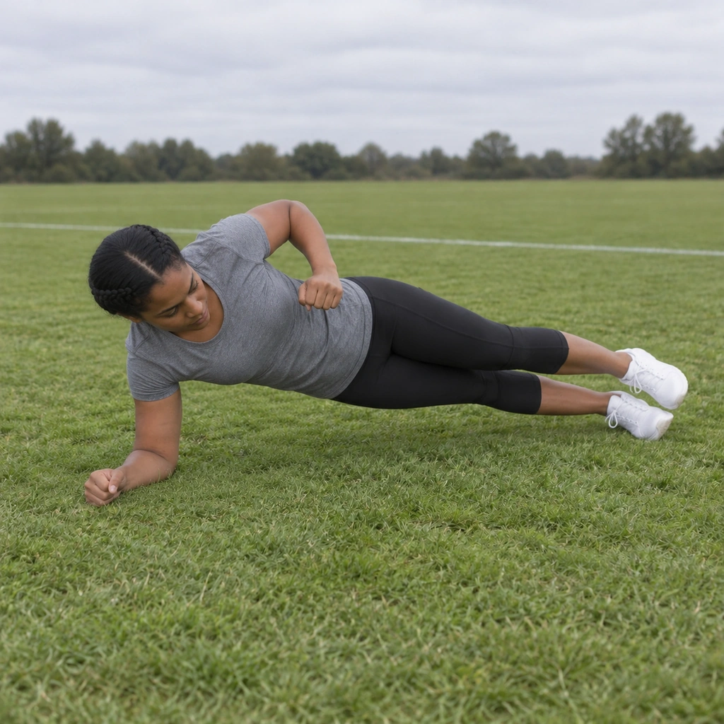 The same woman mid-turn, torso rotating from face-down toward the right side, the right forearm taking her weight while her hips stay lifted clear of the grass.