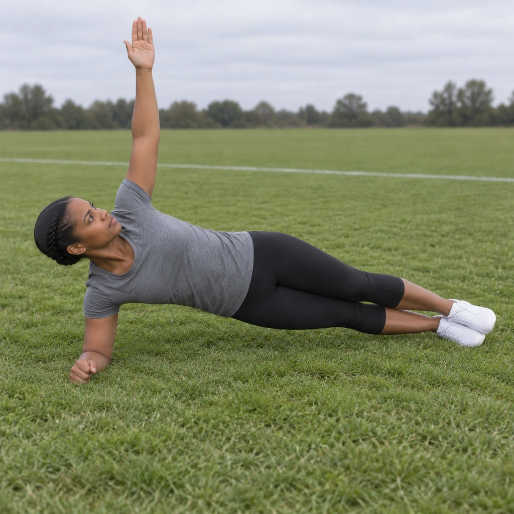 The same woman holding a side plank on her right forearm and the outer edge of her right foot, body in a straight line from shoulder to foot, left arm reaching straight up.