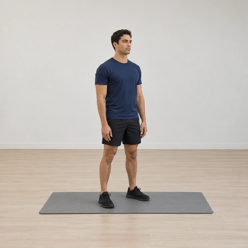 He stands tall with his feet slightly apart and his arms resting relaxed at his sides.