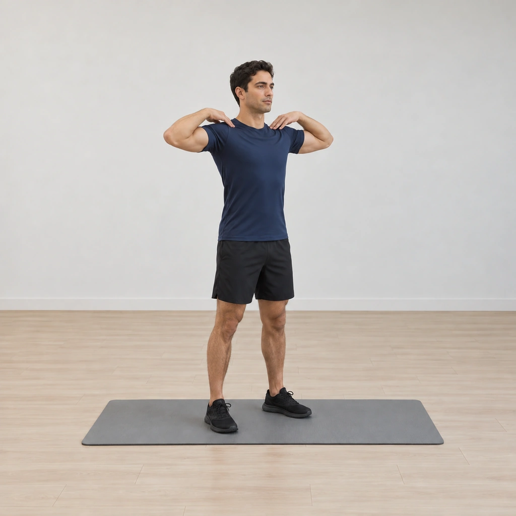 He has placed his fingertips on the front of his own shoulders, elbows lifted to shoulder level and pointing out to the sides.