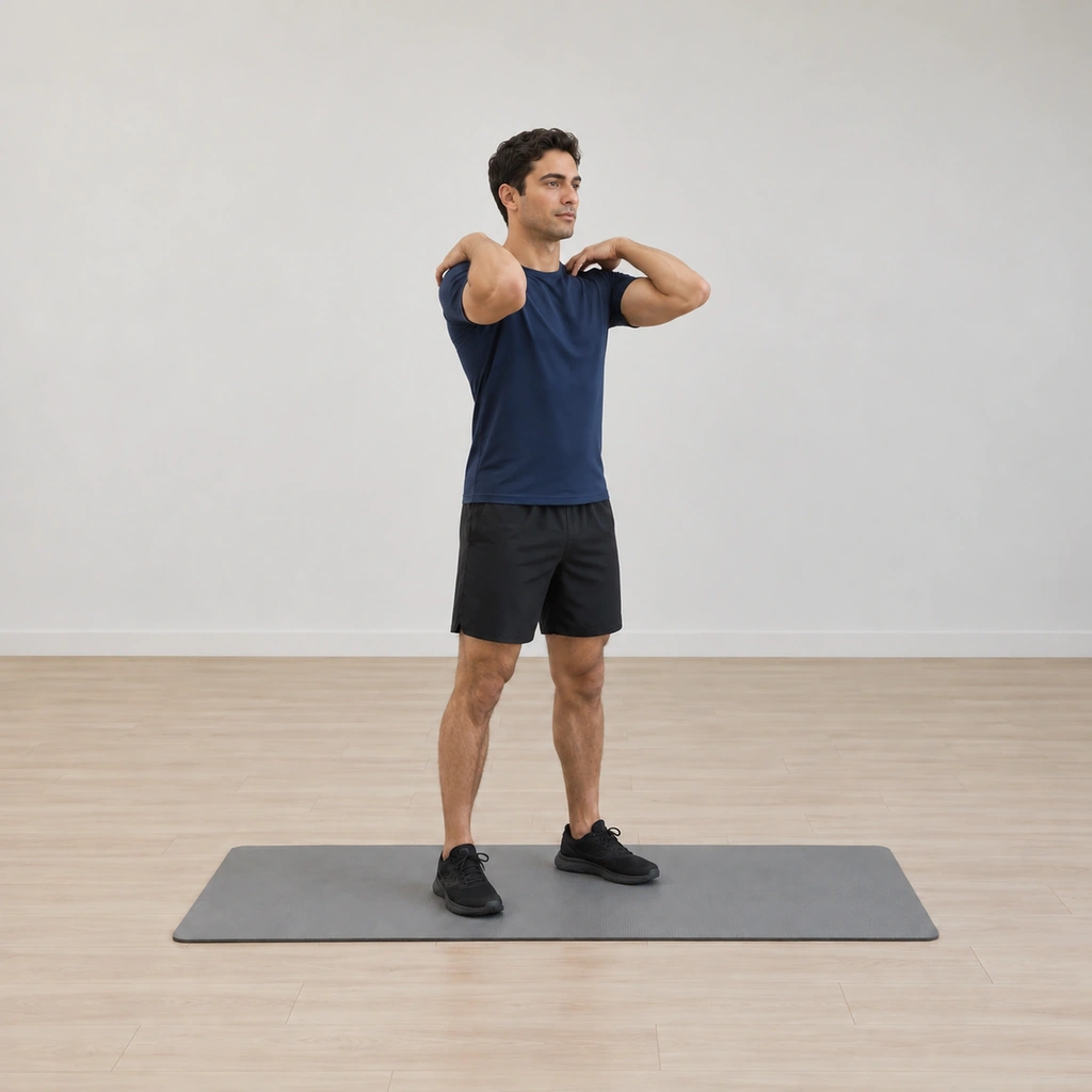 He has swept both elbows forward and upward on the first half of the circle, fingertips still on his shoulders, exhaling as the circle begins.